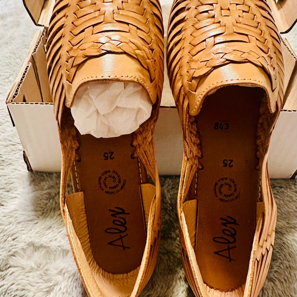 Tan Leather Flats with Woven Design